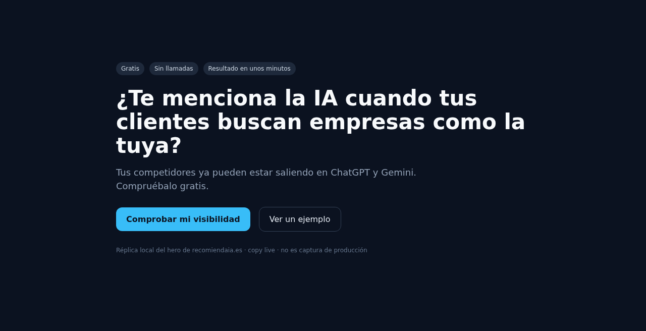 Hero de recomiendaia.com. Réplica local, copy live. No es captura de producción